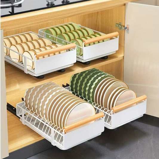 Pull Out Dish Rack with Wooden Handle and Drain Tray