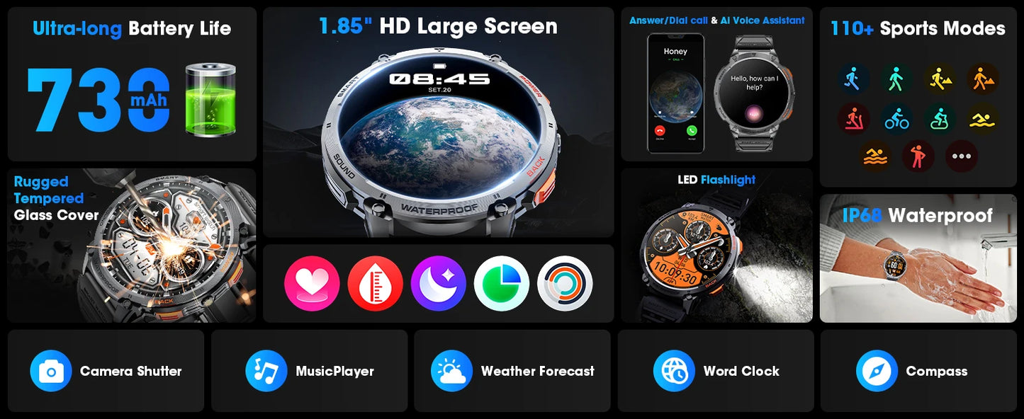Karchilor K68 Smartwatch – 1.85" HD Display | Bluetooth Call | 730mAh Battery | Fitness & Health Tracker | Waterproof | 2025 Edition