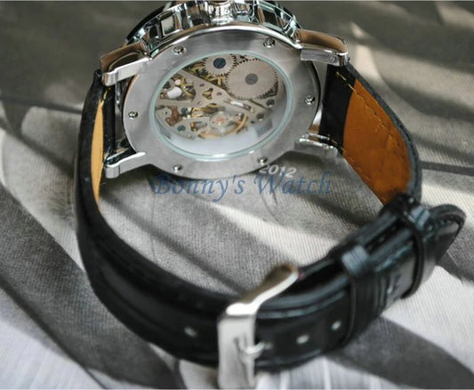 Winner Luxury Skeleton Mechanical Watch – Black Leather Strap, Gold Dial, Stainless Steel Case