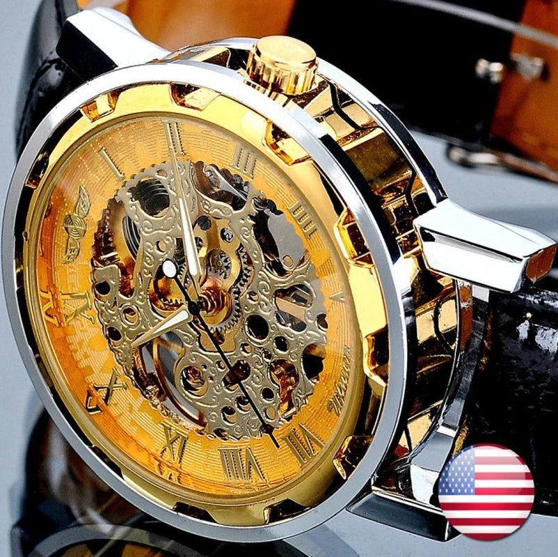 Winner Luxury Skeleton Mechanical Watch – Black Leather Strap, Gold Dial, Stainless Steel Case