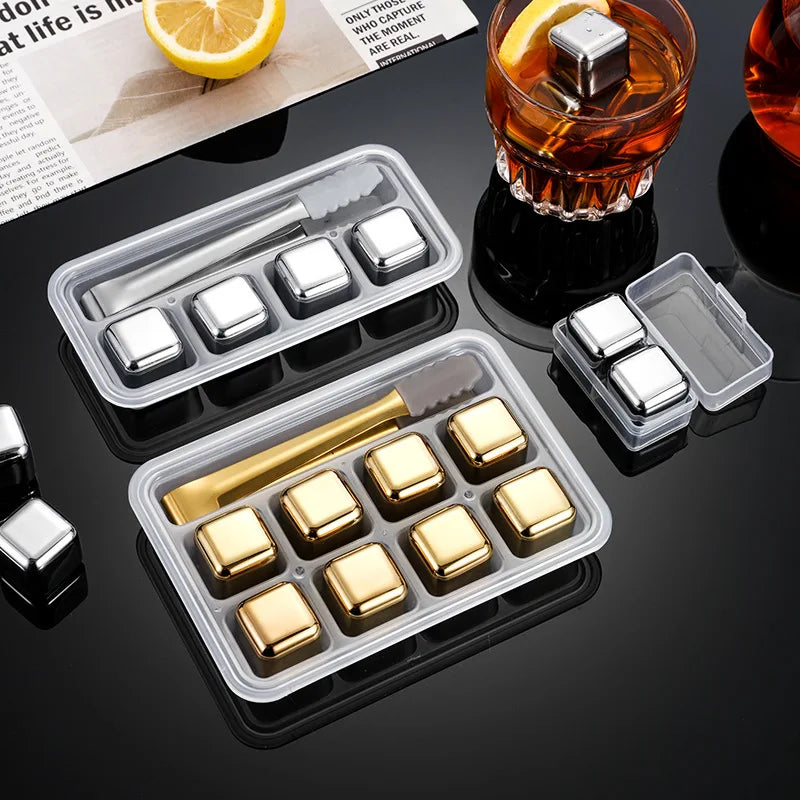 6-Piece Reusable Stainless Steel Ice Cubes Set – Includes Ice Cube Tray & Silicone Head Tongs | Eco-Friendly Juice Chiller Kit