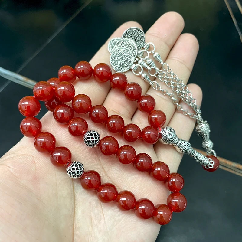 Natural Brazil Red Agate Islamic Tasbih โ 33 Beads Misbaha Prayer Bracelet | Menโs Rosary Beads with Metal Tassel โ Eid & Ramadan Gift