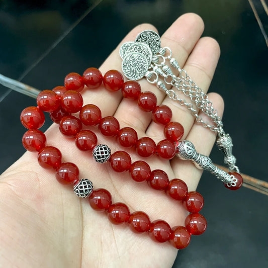 Natural Brazil Red Agate Islamic Tasbih – 33 Beads Misbaha Prayer Bracelet | Men’s Rosary Beads with Metal Tassel – Eid & Ramadan Gift