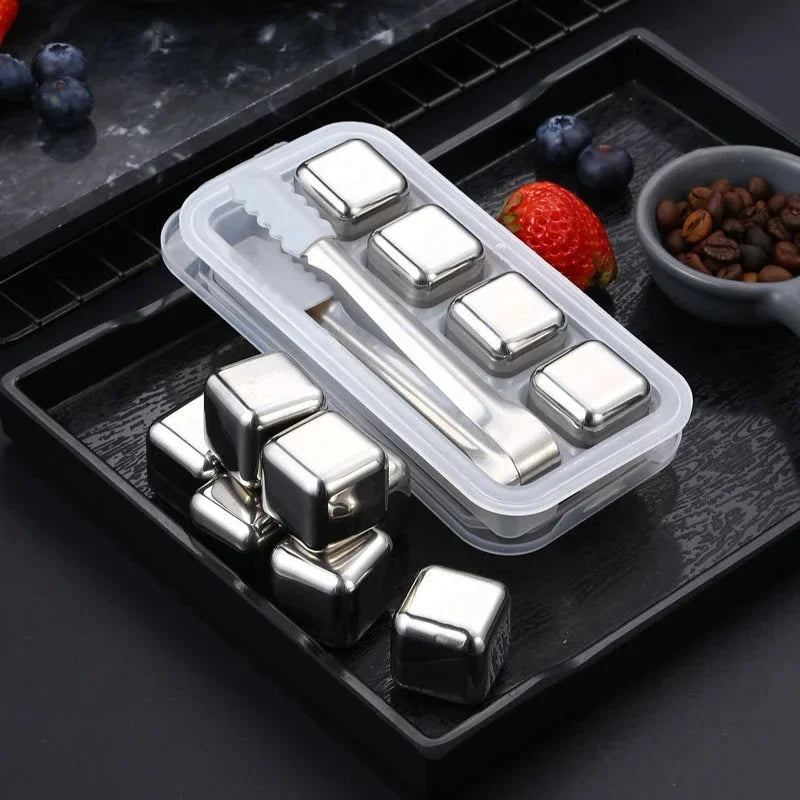 6-Piece Reusable Stainless Steel Ice Cubes Set – Includes Ice Cube Tray & Silicone Head Tongs | Eco-Friendly Juice Chiller Kit
