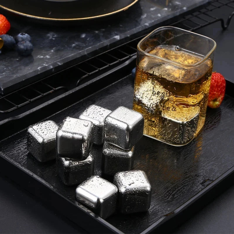 6-Piece Reusable Stainless Steel Ice Cubes Set – Includes Ice Cube Tray & Silicone Head Tongs | Eco-Friendly Juice Chiller Kit