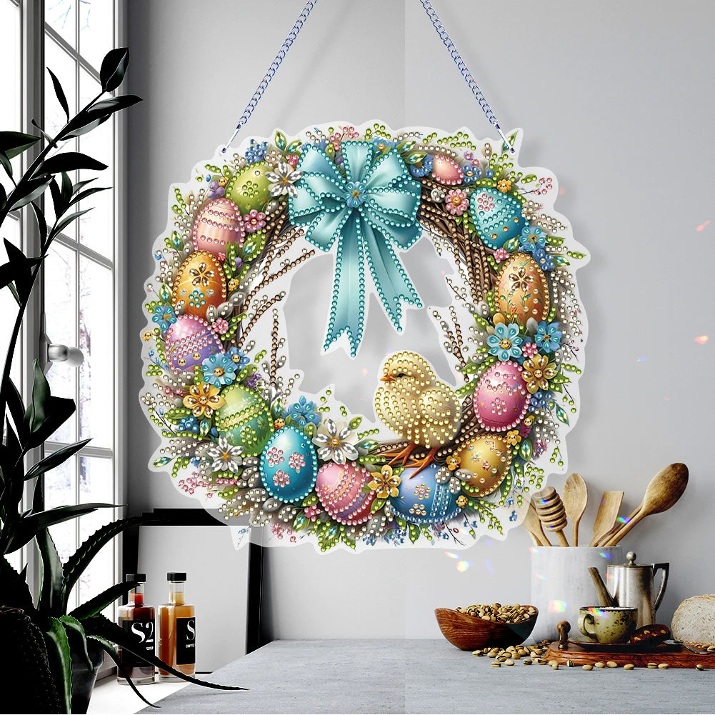 Single-Sided 5D Diamond Painting Hanging Pendant – Handmade Easter Wreath Crystal Art Decoration