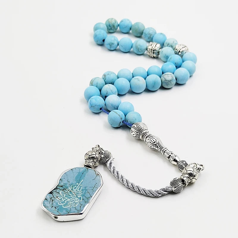Divine Tranquility: Handcrafted Natural Turquoise Tasbih with Arabic Pendant