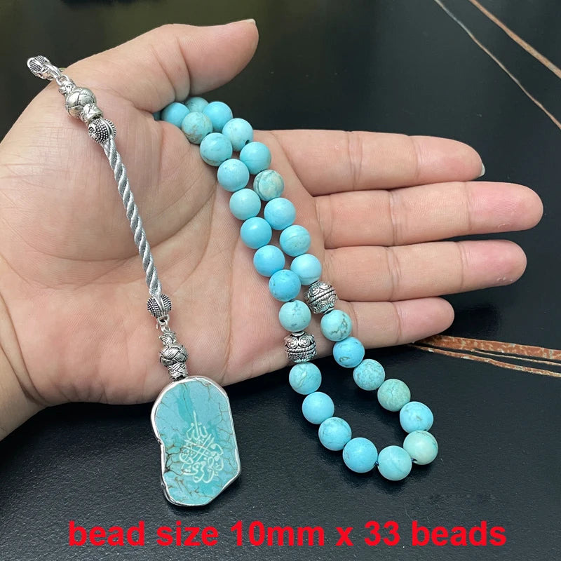 Divine Tranquility: Handcrafted Natural Turquoise Tasbih with Arabic Pendant