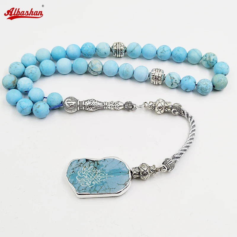 Divine Tranquility: Handcrafted Natural Turquoise Tasbih with Arabic Pendant