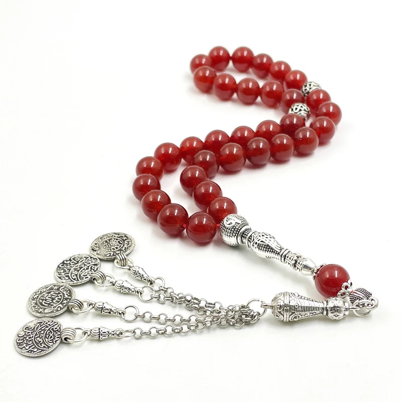 Natural Brazil Red Agate Islamic Tasbih โ 33 Beads Misbaha Prayer Bracelet | Menโs Rosary Beads with Metal Tassel โ Eid & Ramadan Gift