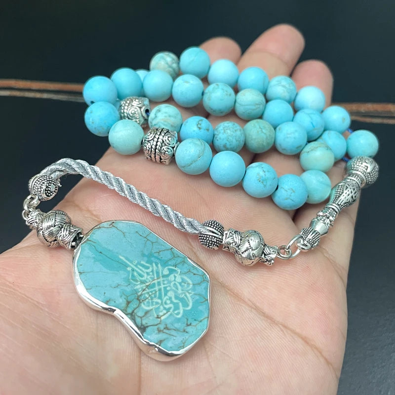 Divine Tranquility: Handcrafted Natural Turquoise Tasbih with Arabic Pendant