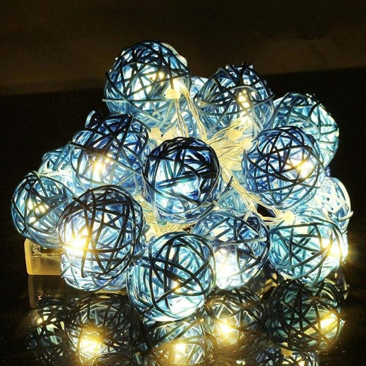1 Set of Turquoise Blue 5cm Rattan Cane 50 Ball Battery Powered LONG 5m String Lights Christmas Gift Home Wedding Party Bedroom Decoration Table Centrepiece