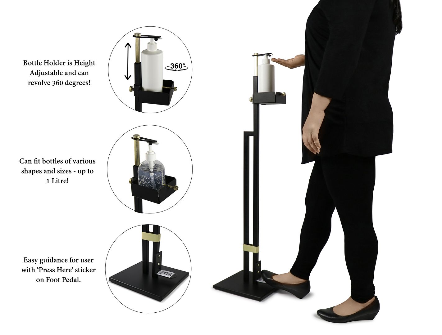 Lirash Touch Free Hand Sanitiser Dispenser Station Floor Stand Foot Operated - Gold Black - The Grand Bazaar of Australia