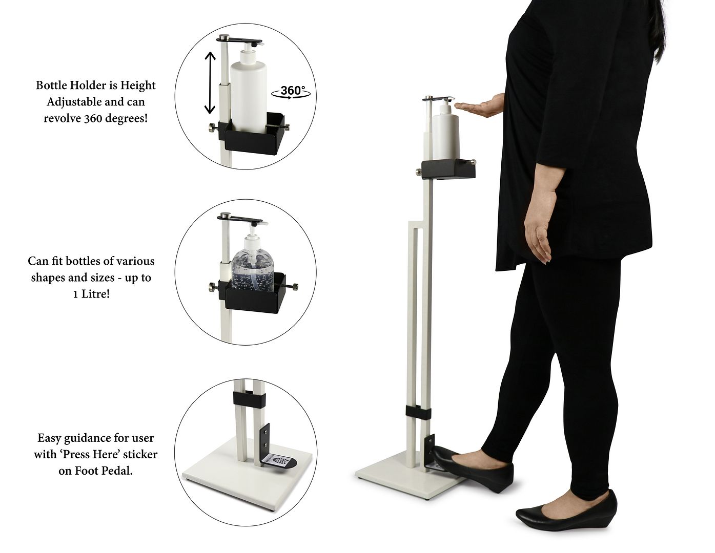 Lirash Touch Free Hand Sanitiser Dispenser Station Floor Stand Foot Operated - White Black - The Grand Bazaar of Australia