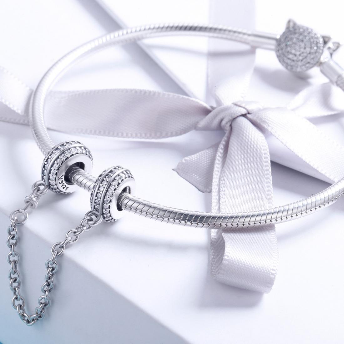 925 Sterling Silver Simple Diamond Beaded Bracelet Safety Chain