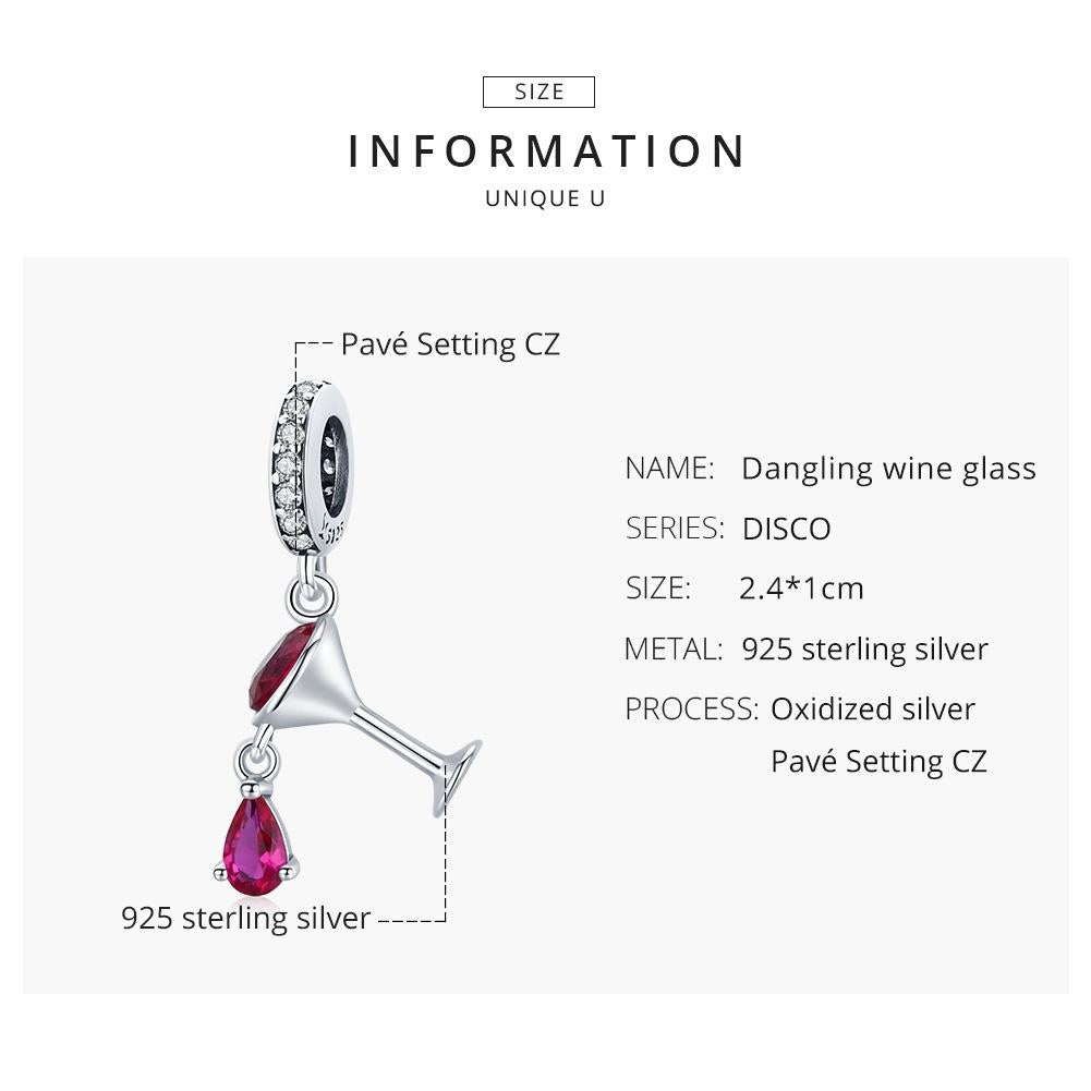 925 Sterling Silver Shimmering Wine Glass Pendant For Diy Bracelets & Necklaces