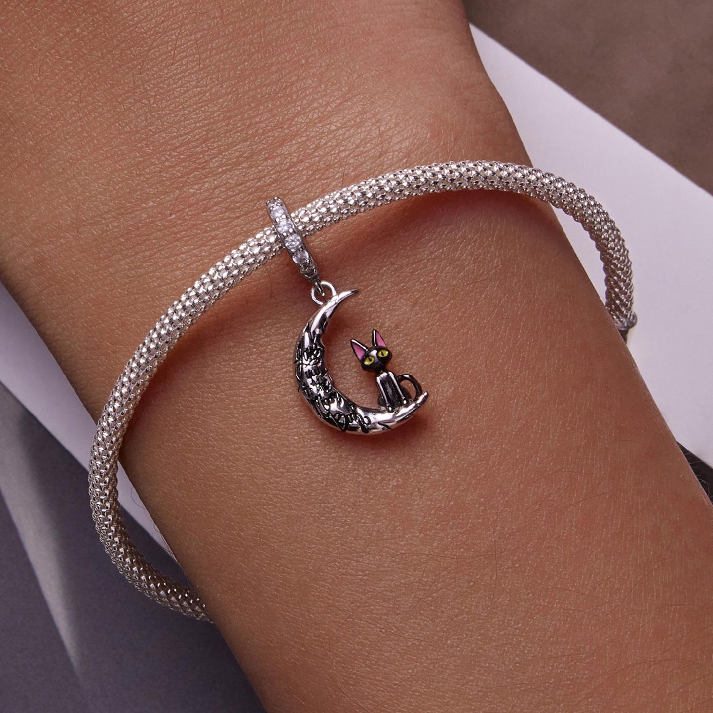 925 Sterling Silver Moon Cat Pendant For Bracelet Or Necklace