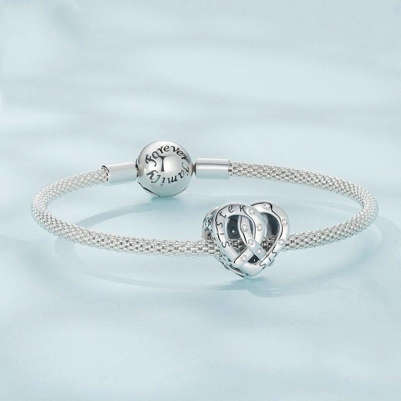 925 Sterling Silver Hollow Heart Sister Bracelet Beaded