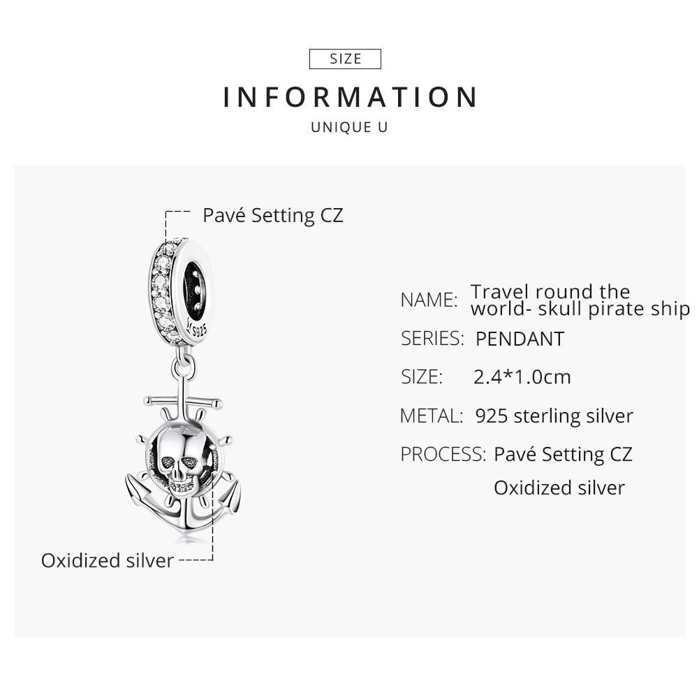 925 Sterling Silver Pirate Skull Pendant For Bracelet Or Necklace