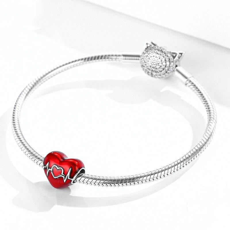 925 Sterling Silver Love Heartbeat Red Heart Pendant For Diy Bracelets & Necklaces