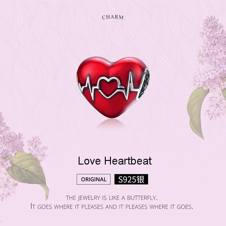 925 Sterling Silver Love Heartbeat Red Heart Pendant For Diy Bracelets & Necklaces