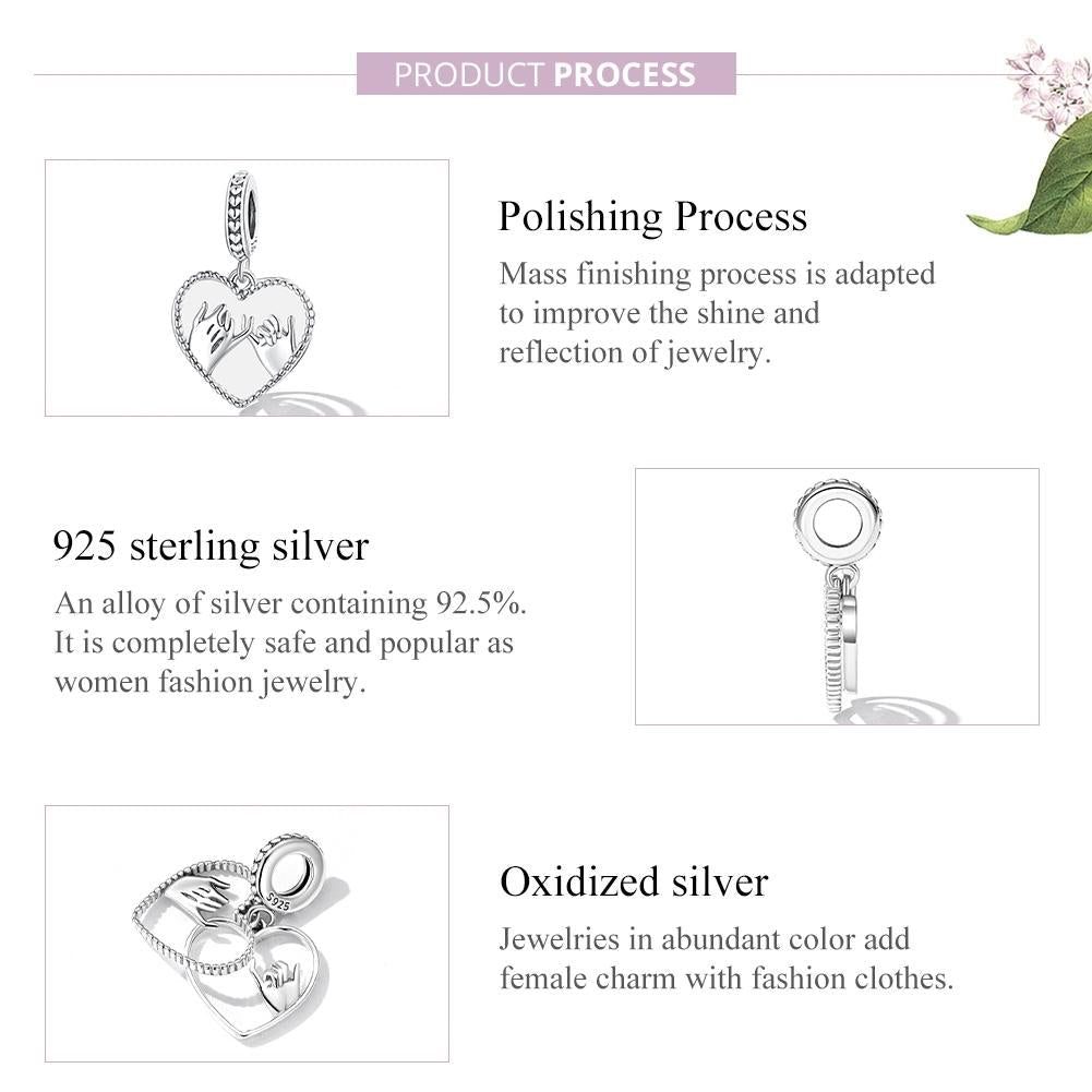 925 Sterling Silver Hand In Hand Heart Pendant For Diy Bracelets & Necklaces