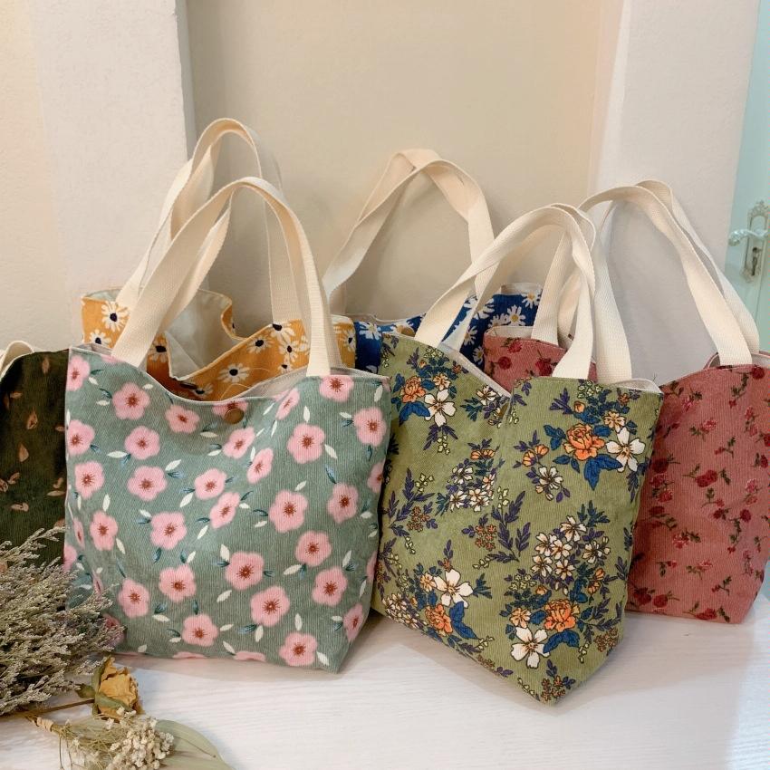 Large Capacity Corduroy Tote Bag with Floral Design - Red Rose