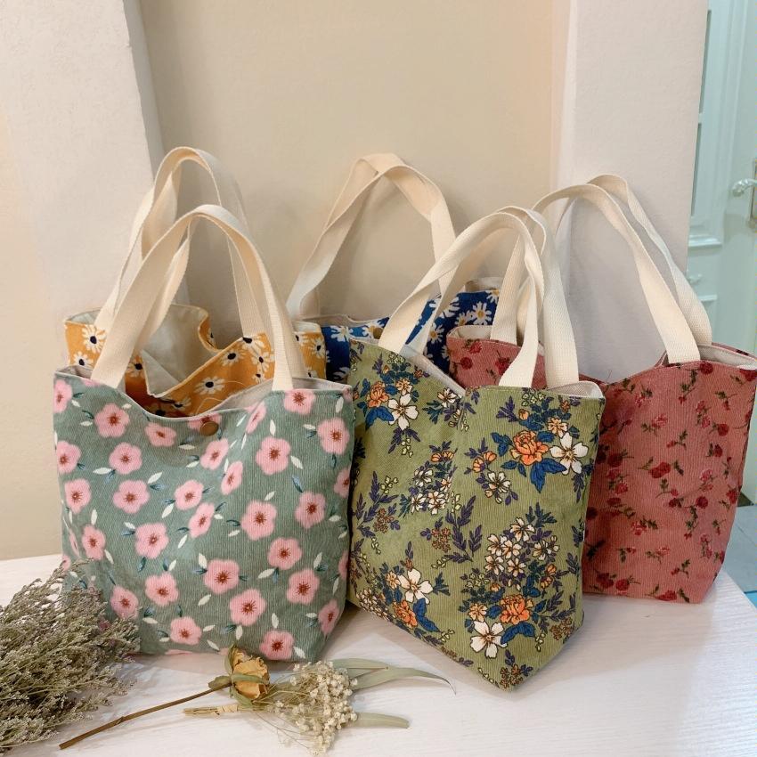 Large Capacity Corduroy Tote Bag with Floral Design - Red Rose