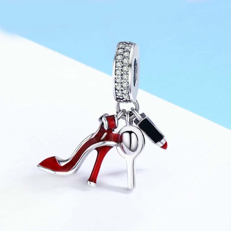 925 Sterling Silver Red Lipstick High Heels Makeup Mirror Charm