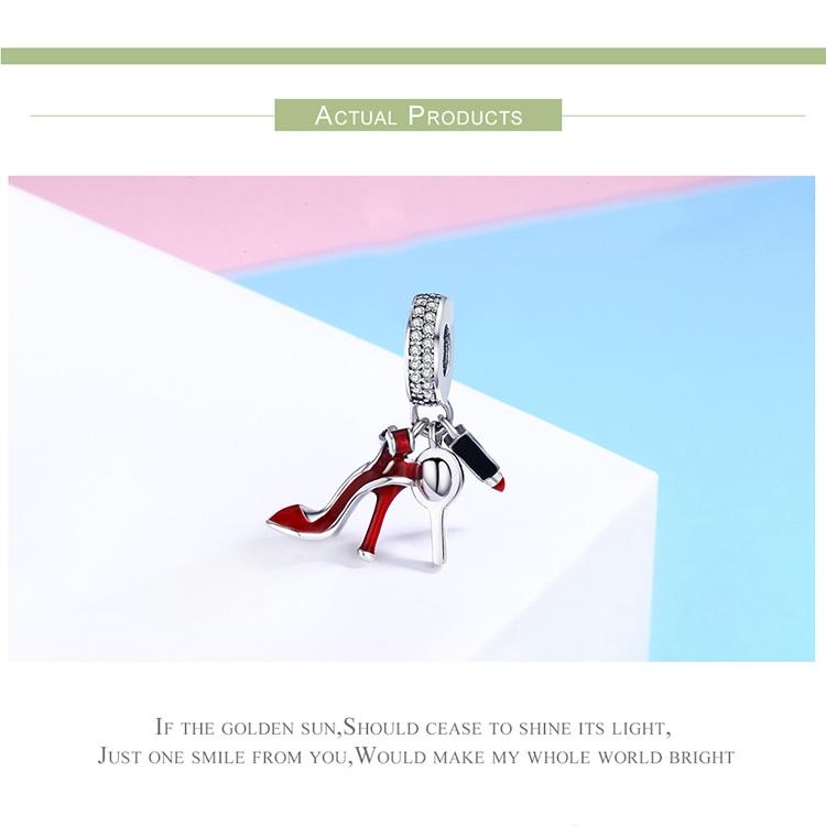 925 Sterling Silver Red Lipstick High Heels Makeup Mirror Charm