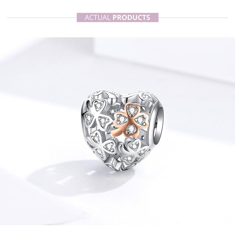 925 Sterling Silver Heart Beaded Clover Bracelet Charm