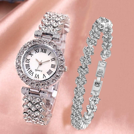 Silver Roman Diamond Quartz Watch with Bracelet - Women