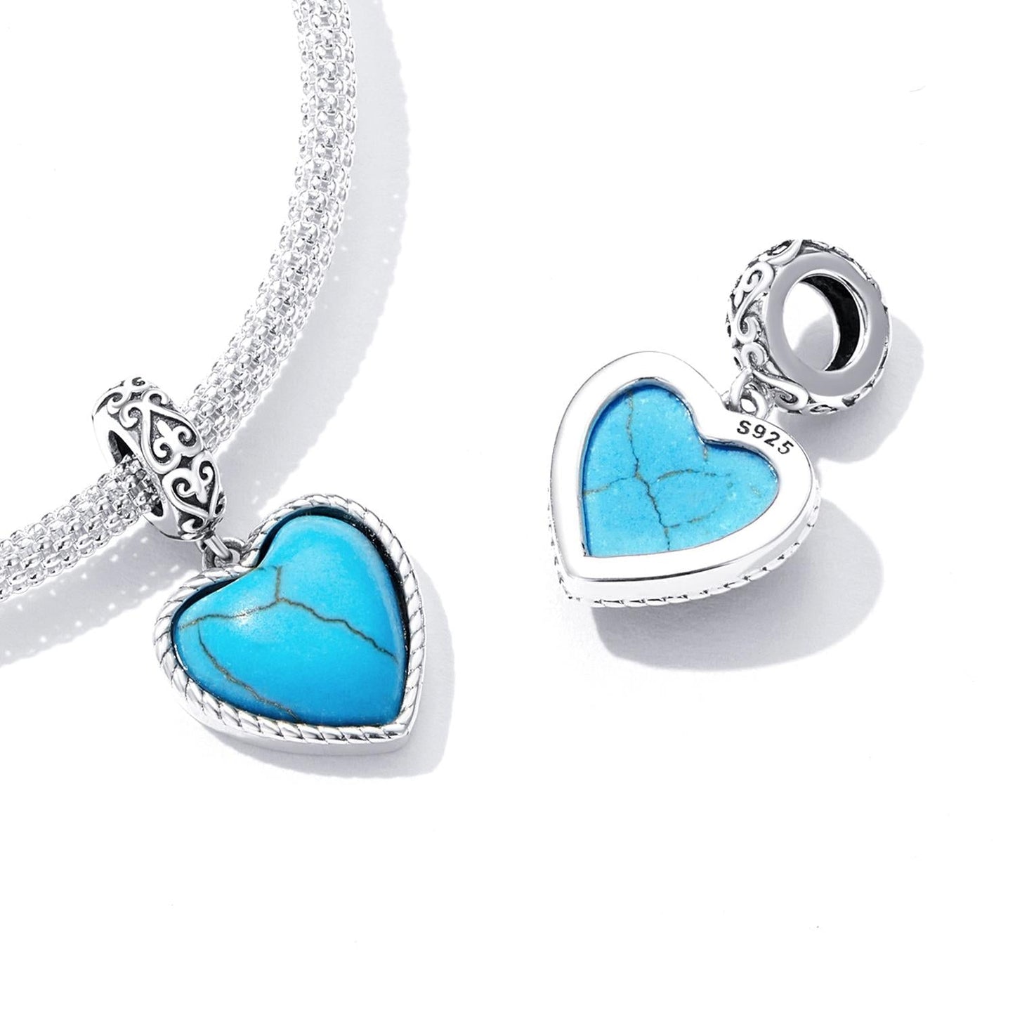 925 Sterling Silver Turquoise Heart Pendant For Diy Bracelets & Necklaces