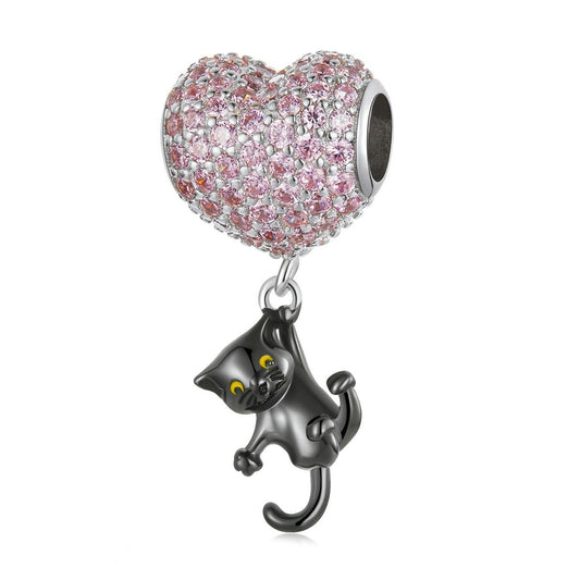 925 Sterling Silver Heart Cat Pendant For Diy Bracelets & Necklaces