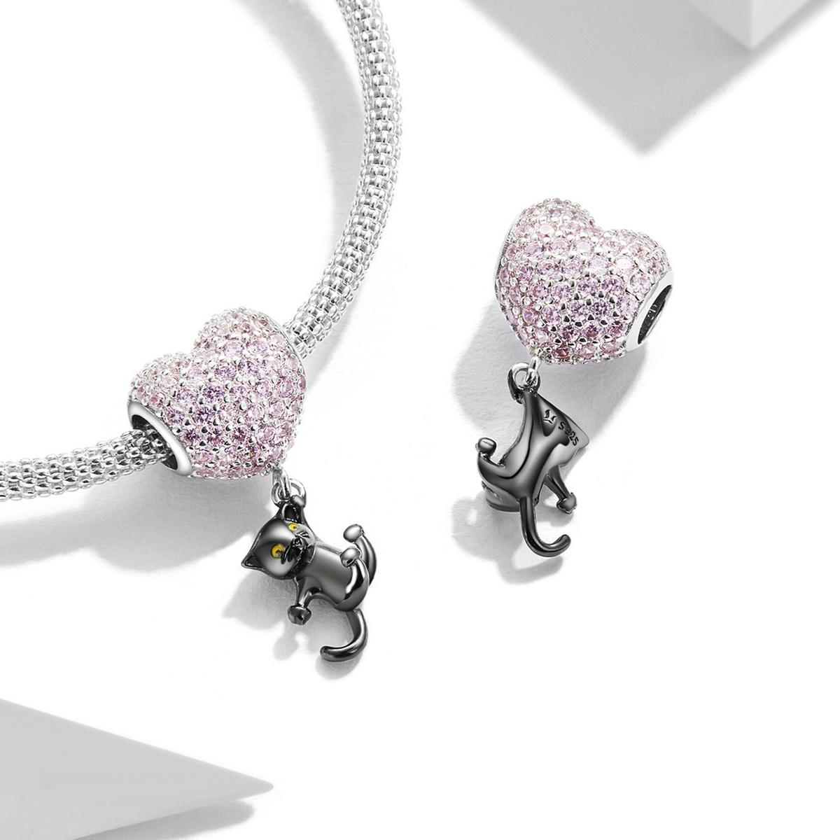 925 Sterling Silver Heart Cat Pendant For Diy Bracelets & Necklaces
