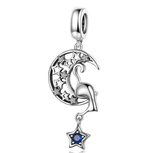 925 Sterling Silver Moon Cat Pendant For Bracelet Or Necklace