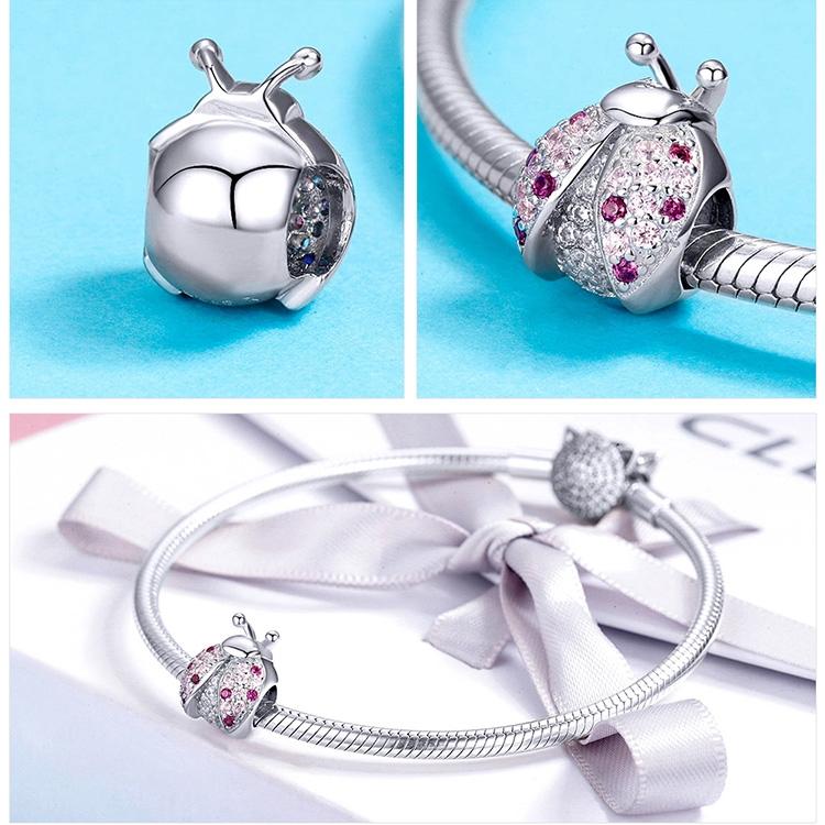925 Sterling Silver Ladybug Pink Cz Insect Charm For Diy Bracelets