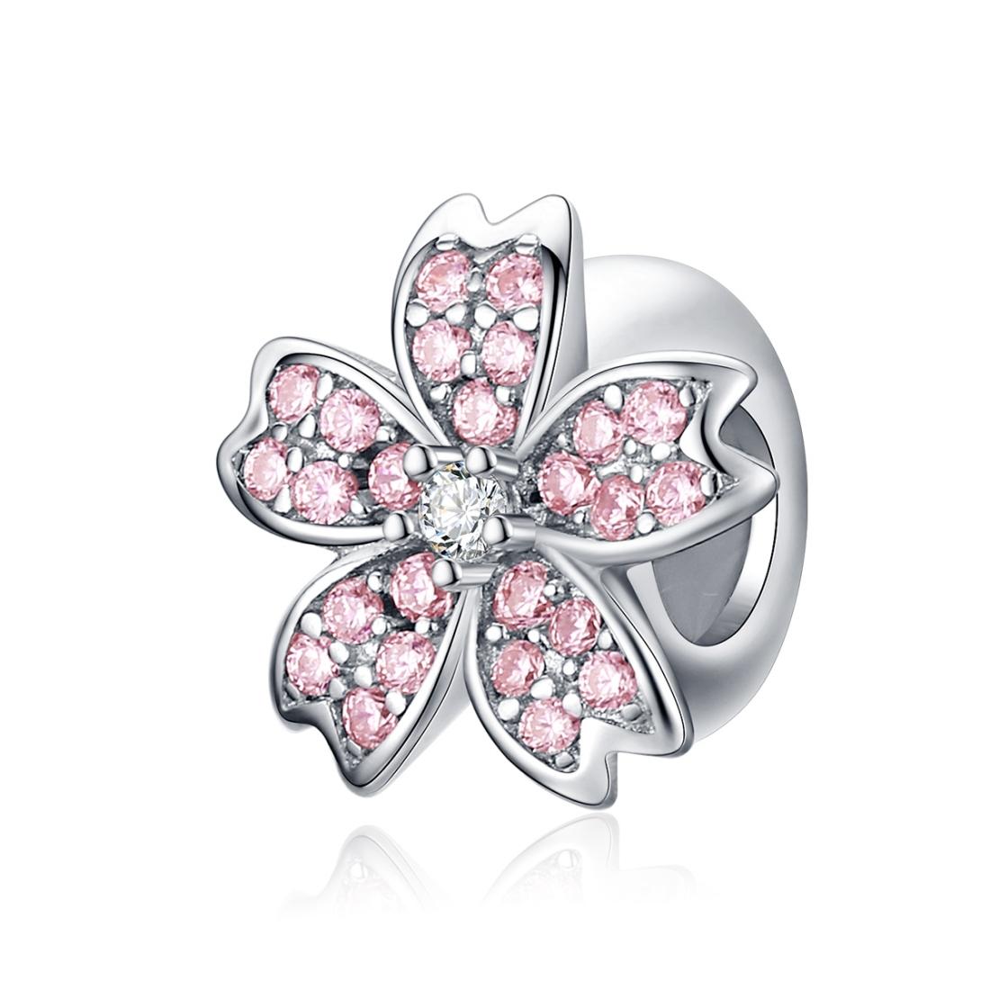 925 Sterling Silver Platinum Plated Pink Flower Beads For Diy Bracelets