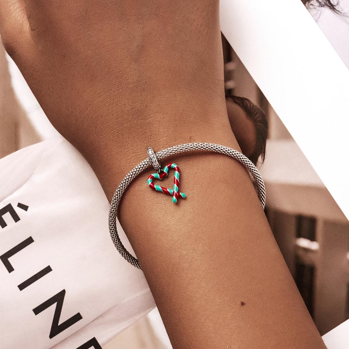 925 Sterling Silver Heart Candy Cane Pendant For Diy Bracelets & Necklaces