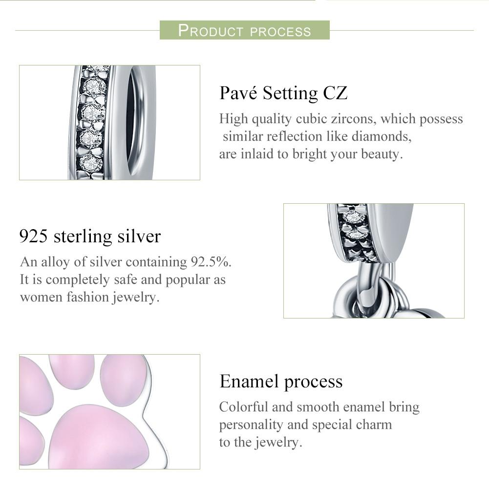 925 Sterling Silver Dog Footprint Diamond Bead Bracelet Charm