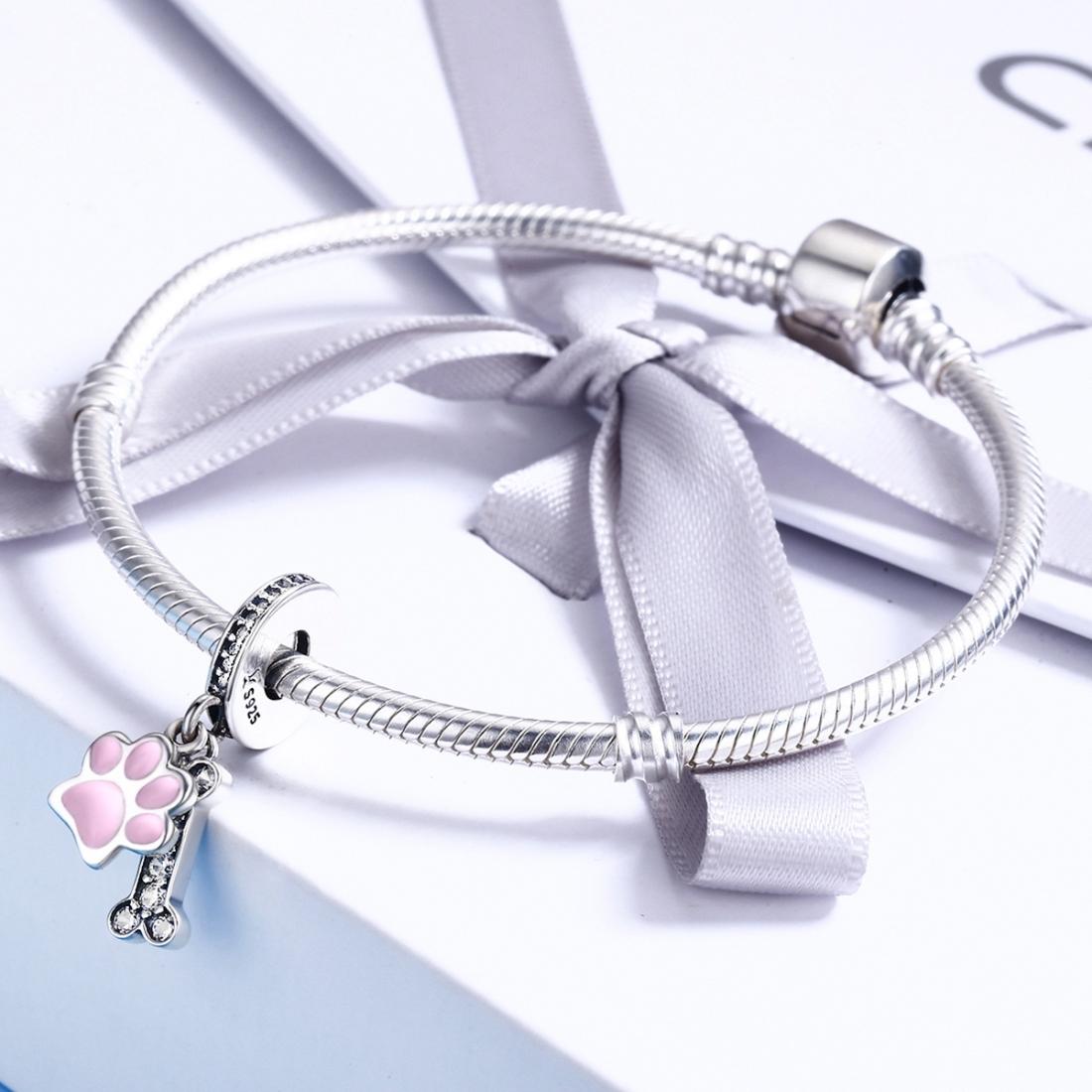 925 Sterling Silver Dog Footprint Diamond Bead Bracelet Charm