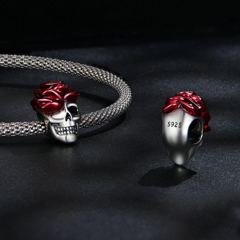 925 Sterling Silver Halloween Skull Bracelet With Rose And Pearl