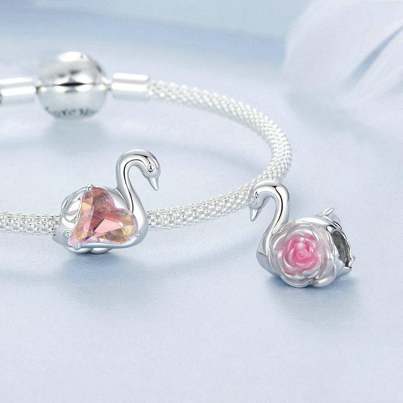 925 Sterling Silver Platinum Plated Pink Swan Rose Diy Beads