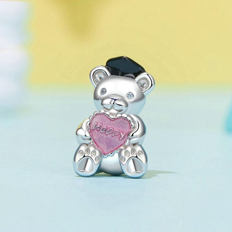925 Sterling Silver Platinum Plated Happy Bear Heart Diy Beads