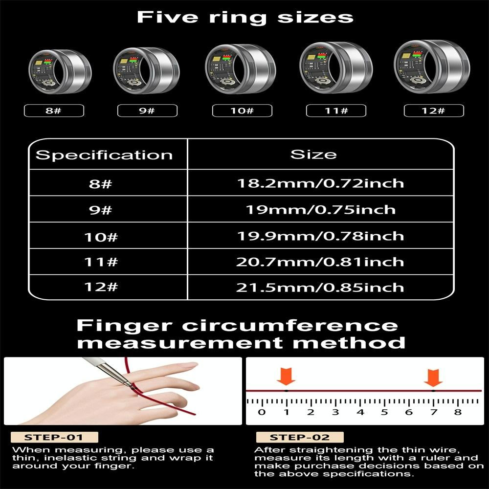 Smart Ring With Heart Rate Blood Oxygen Sleep & Sports Modes - R18 Size 8 - Black
