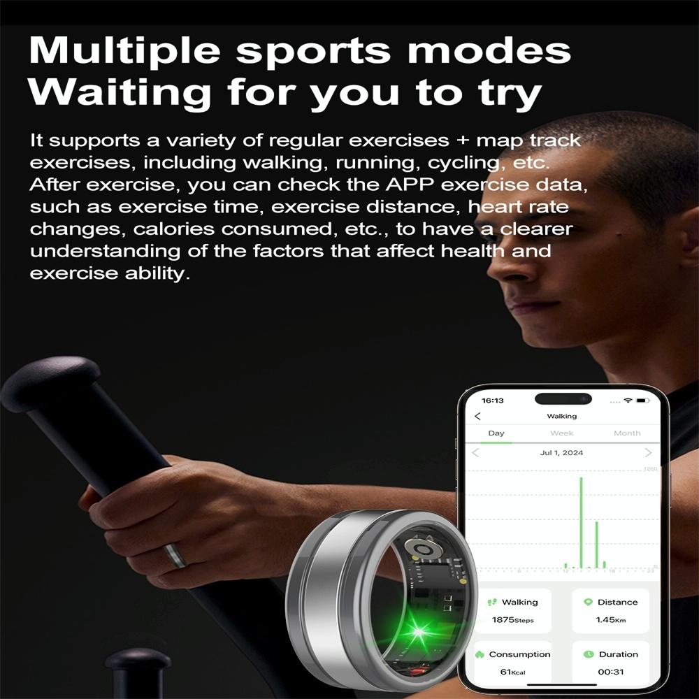 Smart Ring With Heart Rate Blood Oxygen Sleep & Sports Modes - R18 Size 8 - Black