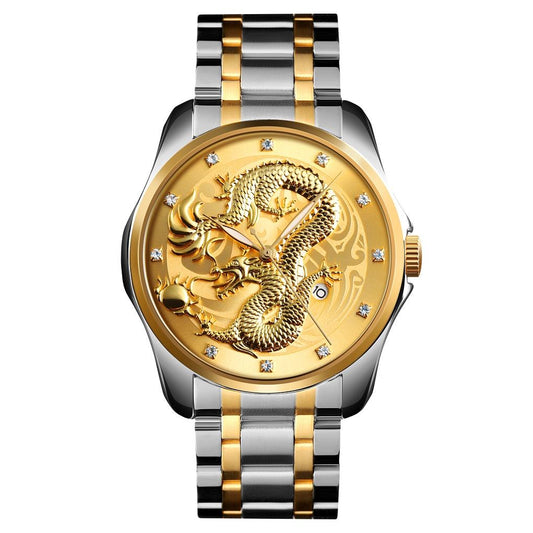 Men Golden Dragon Calendar Dial Quartz Watch with Luminous Hands - Silver Gold