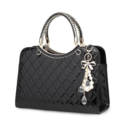 Diamond Pattern Leather Handbag with Hanging Ornaments - Women - Black