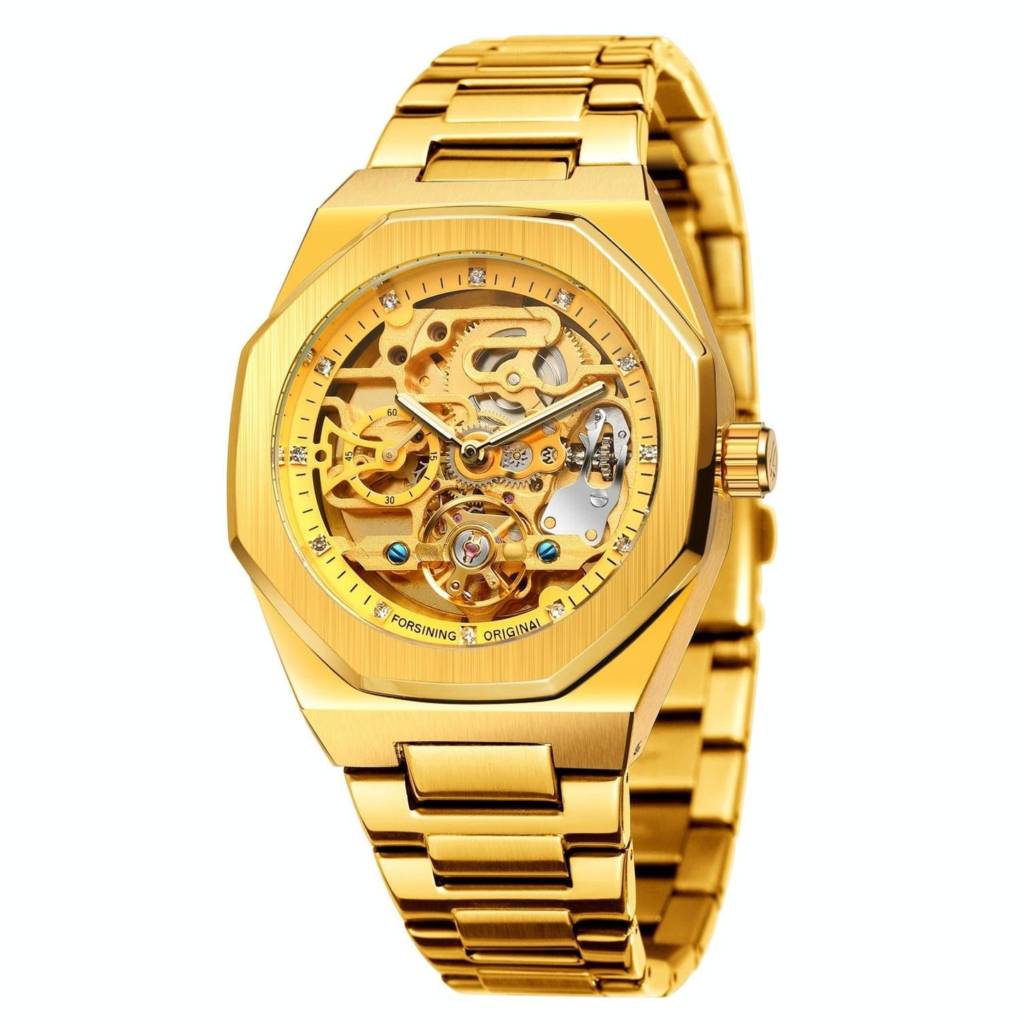 Men Automatic Mechanical Watch with Luminous Dial and Steel Band - Silver Belt Black Face