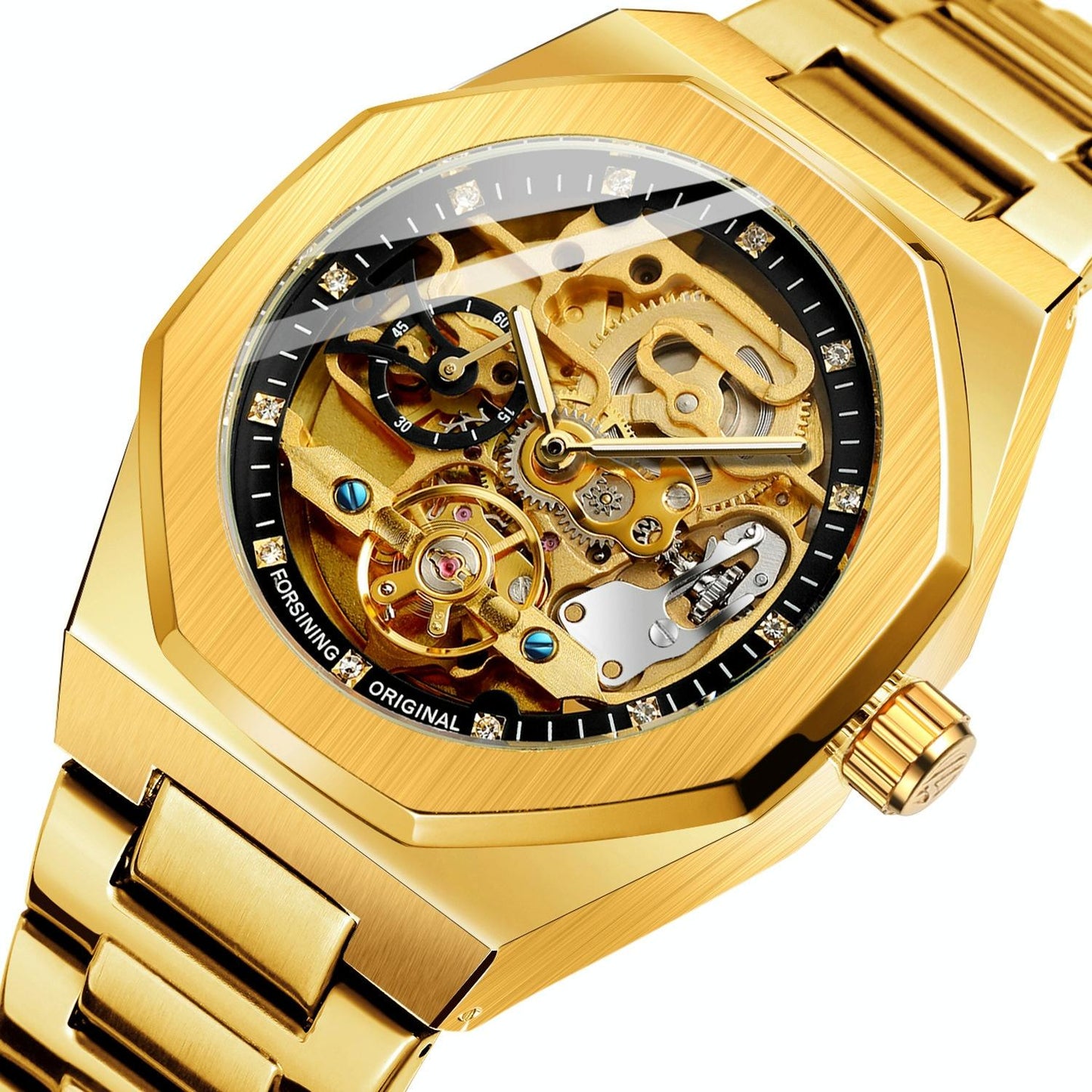 Men Automatic Mechanical Watch with Luminous Dial and Steel Band - Silver Belt Black Face